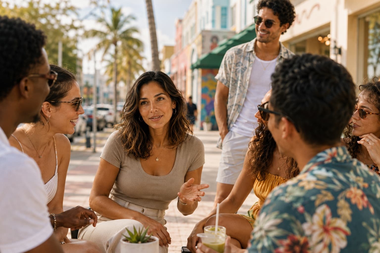 Elena Marquez talks with a diverse group of young adults at a sunny outdoor café on a palm-lined Miami street.