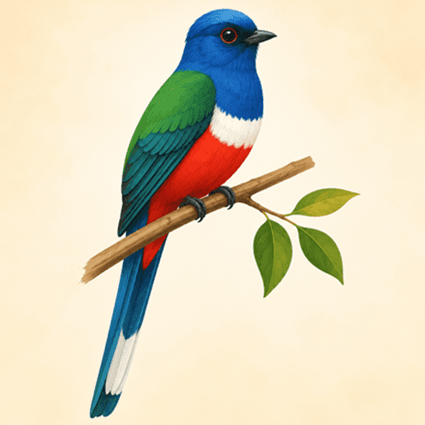 The Cuban Trogon (Tocororo), national bird of Cuba, with its distinctive red, white, and blue plumage matching the Cuban flag